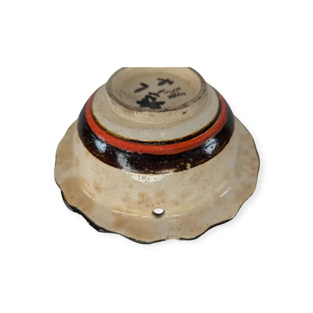 Vintage Japanese Stoneware Bowl w/ 3 Holes Noodle Bowl Ripple Rim